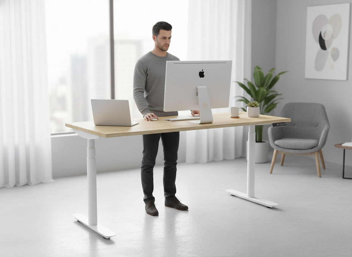 Modern office workspace with sit-to-stand desk